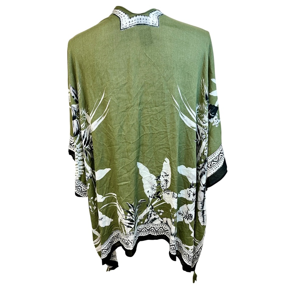 VINCE CAMUTO Green Floral Kimono Wrap O/S Tropical Tassel Boho Chic - Picture 9 of 11